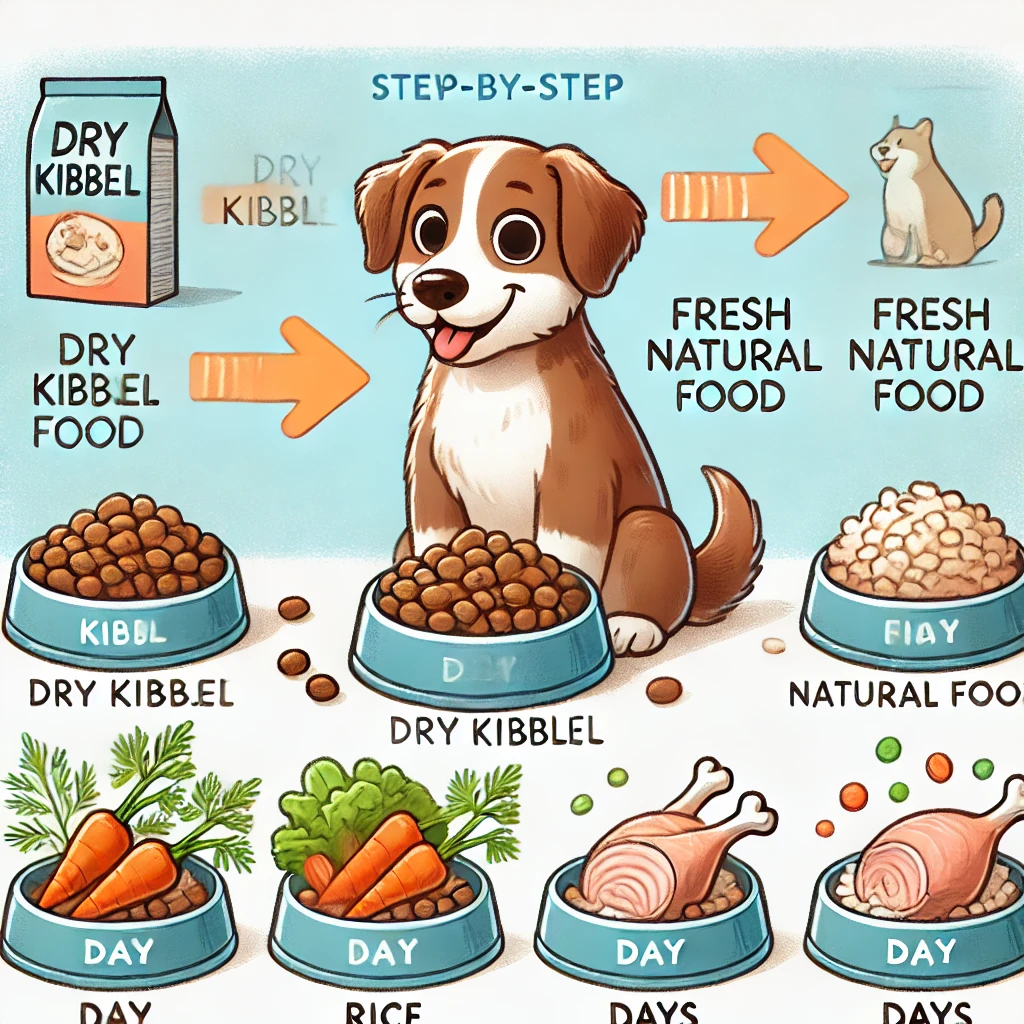 processo de transição com um pet comendo feliz um novo tipo de comida natural
