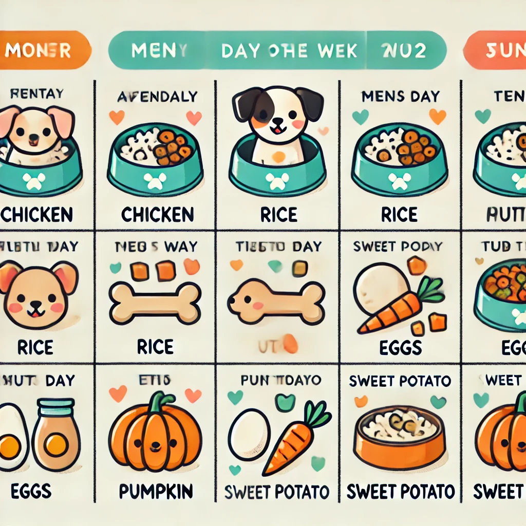 Tabela de cardápio semanal com alimentos naturais acessíveis como frango, arroz, legumes e ovos, representando uma dieta balanceada e econômica para pets.